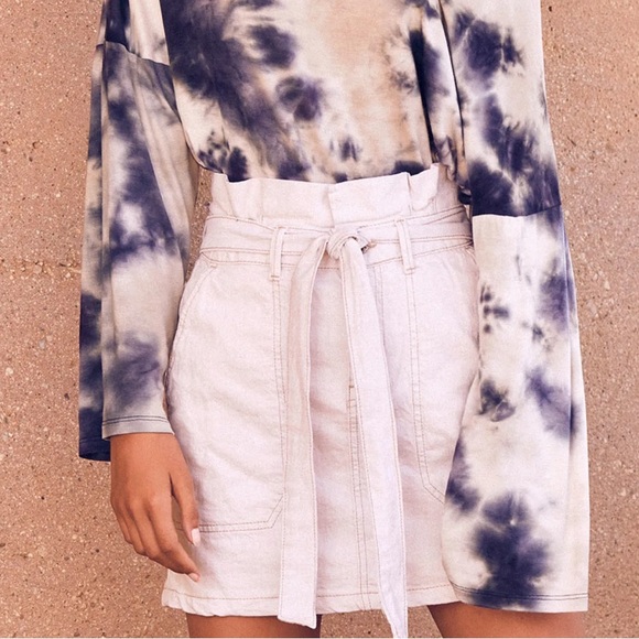 Free People Splendor In the Grass Paperbag Belted Mini Skirt Linen Blend Oatmeal - Picture 1 of 11